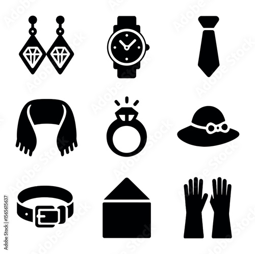 Formal Accessory Icons. Solid, filled icons set of formal accessories: diamond earrings, wristwatch, silk tie,