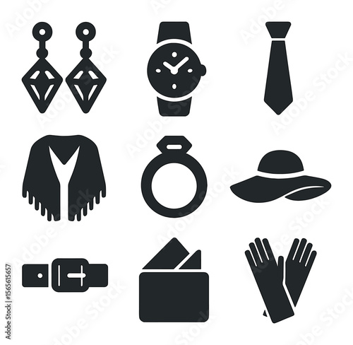 Formal Accessory Icons. Solid, filled icons set of formal accessories: diamond earrings, wristwatch, silk tie,