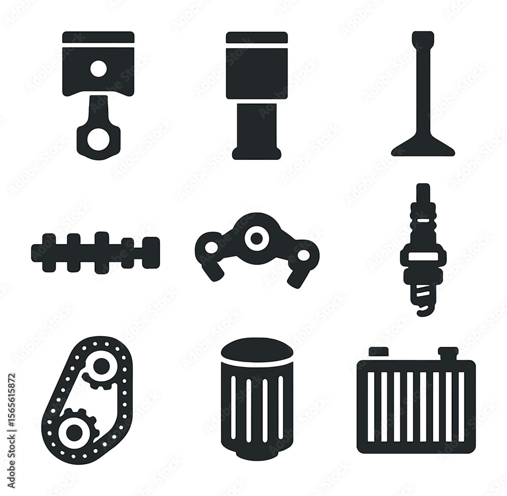 Fototapeta premium Engine Parts Icons. Solid, filled icons set of engine components: piston, cylinder, valve, camshaft,