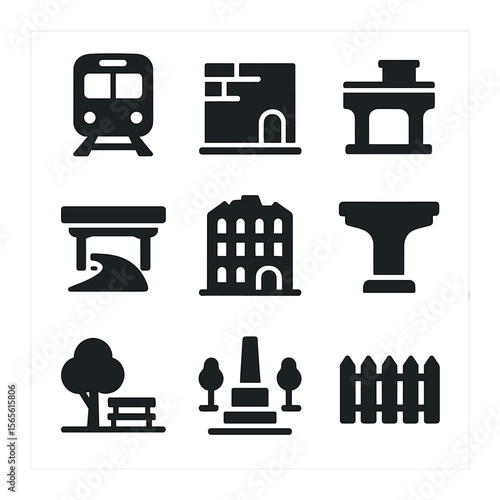 Street Art Locations. Solid, filled icons set of street art locations: subway train, alley wall, rooftop,