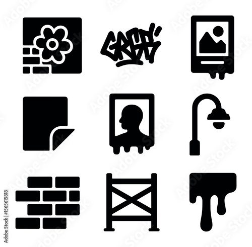Urban Art Icons. Solid, filled icons set of urban art elements: mural, graffiti tag, street poster, sticker,