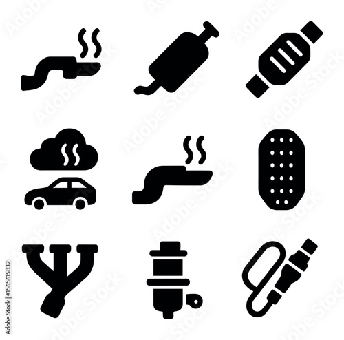 Car Emission Icons. Solid, filled icons set of car exhaust and emission: exhaust pipe, muffler, catalytic