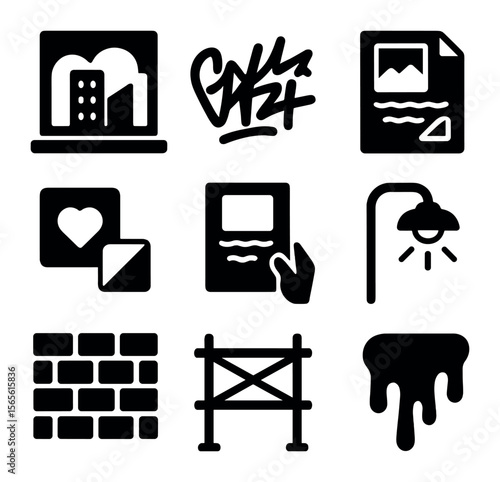 Urban Art Icons. Solid, filled icons set of urban art elements: mural, graffiti tag, street poster, sticker,