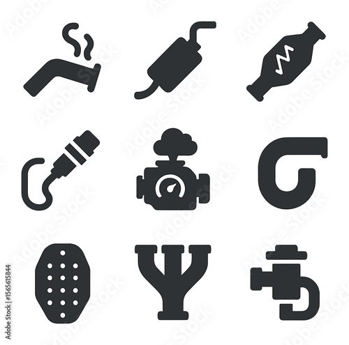Car Emission Icons. Solid, filled icons set of car exhaust and emission: exhaust pipe, muffler, catalytic