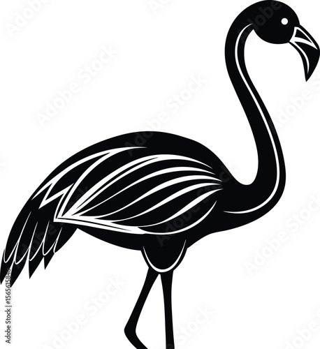 Elegant black flamingo silhouette with stylized feathers and distinctive beak silhouette .eps