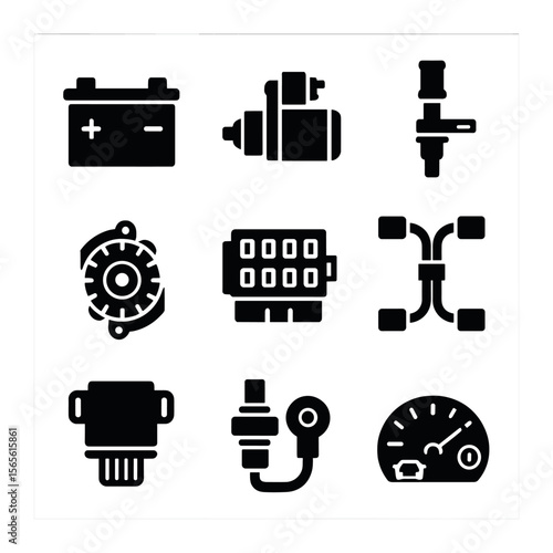 Car Electrical Icons. Solid, filled icons set of car electrical components: battery, starter motor, ignition