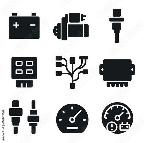 Car Electrical Icons. Solid, filled icons set of car electrical components: battery, starter motor, ignition