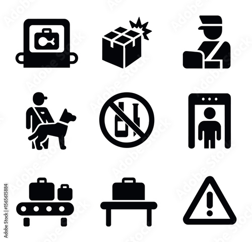Customs Inspection Icons. Solid, filled icons set of customs inspection: X-ray machine, suspicious package,