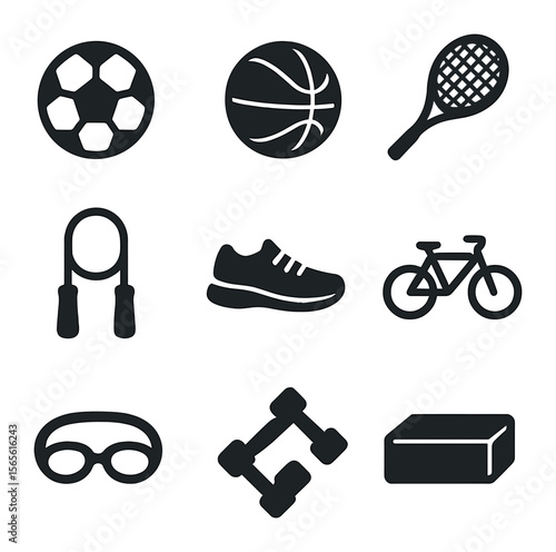 Family Sports Icons. Solid, filled icons set of family sports and fitness: soccer ball, basketball, tennis