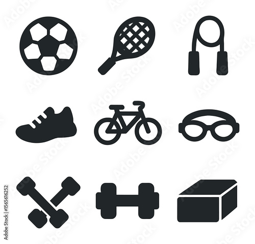 Family Sports Icons. Solid, filled icons set of family sports and fitness: soccer ball, basketball, tennis