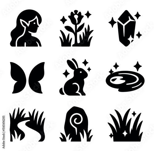 Enchanted Valley Icons. Solid, filled icons set of secret enchanted valley life: nymph, magical flower,