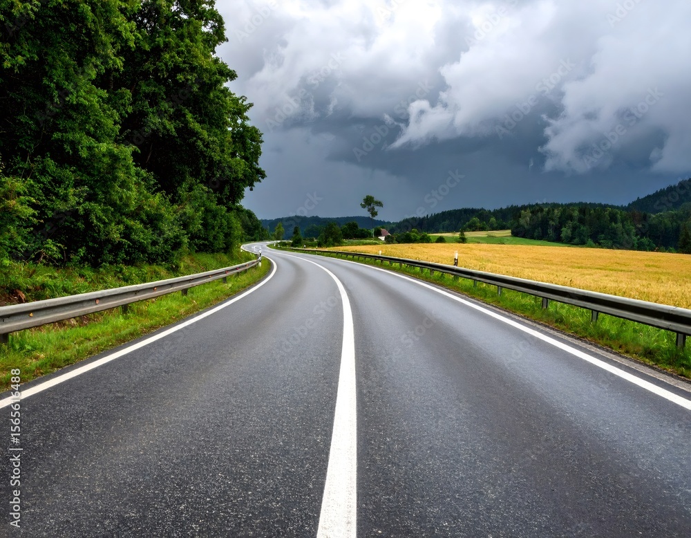 Fototapeta premium Empty asphalt road leading into dramatic storm clouds in rural landscape