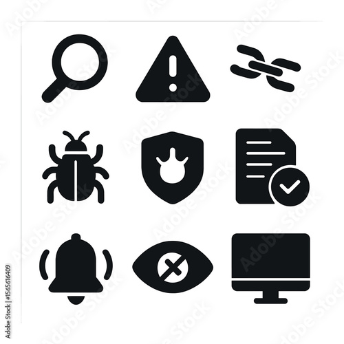 Misinformation Detection Icons. Solid, filled icons set of digital misinformation detection: magnifying glass,