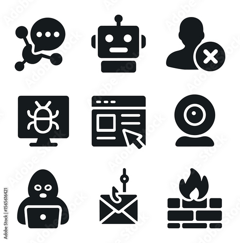 Misinformation Icons Grid. Solid, filled icons set of online misinformation sources: social media, bot, fake