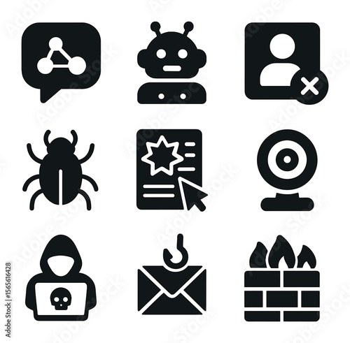 Misinformation Icons Grid. Solid, filled icons set of online misinformation sources: social media, bot, fake