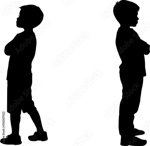 Two boys standing back to back in silhouette during conflict  