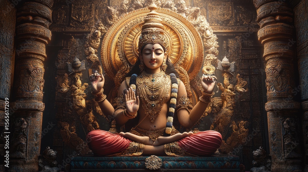 Fototapeta premium A serene inspired depiction of image of a divine figure set against a backdrop of traditional motifs