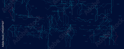 Digital Circuit Mesh With Neon Dotted Lines. Futuristic dark tech layout with blue and red connections for cyber systems, innovation, and UI design. Clean abstract structure. Vector illustration.
