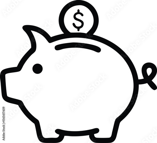Black outline illustration of a piggy bank with a coin and dollar sign