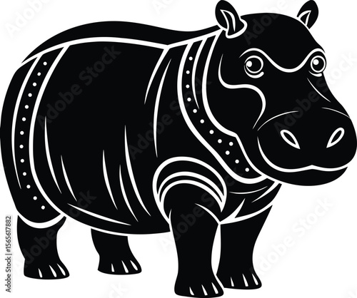 Stylized black hippopotamus silhouette with white decorative elements .eps