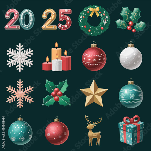 vector Happy New Year Celebrating 2025 in Latin letters , Christmas Decoration Items Santa Claus
