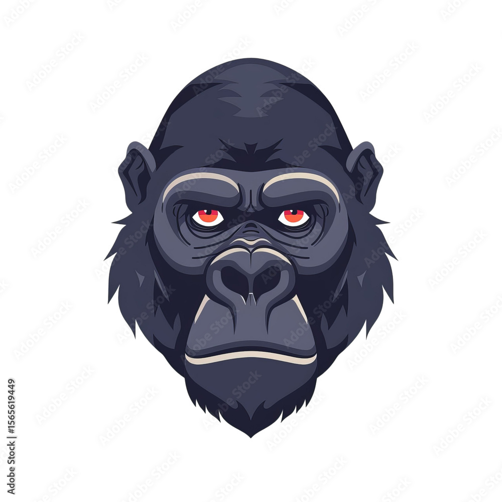Fototapeta premium A fierce cartoon gorilla head with striking red eyes and detailed black fur, symbolizing strength and resilience.