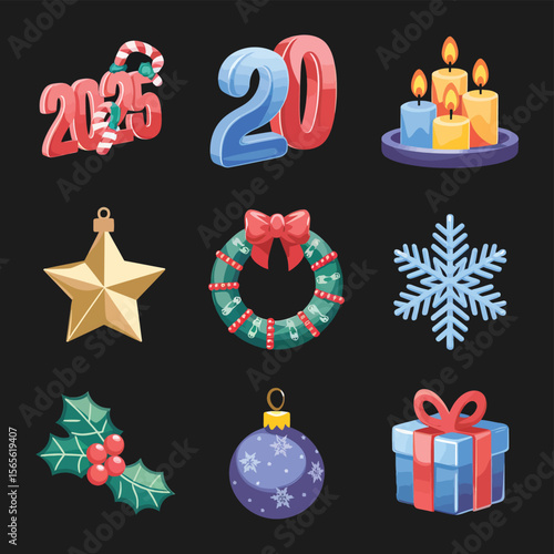 vector Happy New Year Celebrating 2025 in Latin letters , Christmas Decoration Items Santa Claus
