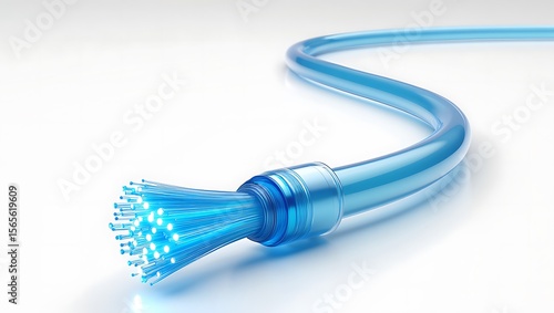 Blue Fiber Optic Cable with Glowing Core on White Background