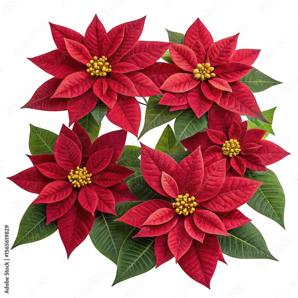 Close up of bright red poinsettia flowers with green leaves on a black background Close up of bright red poinsettia flowers with green leaves on a black background