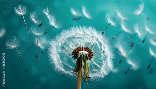 close up of a dandelion clock with seeds blowing away against a turquoise background