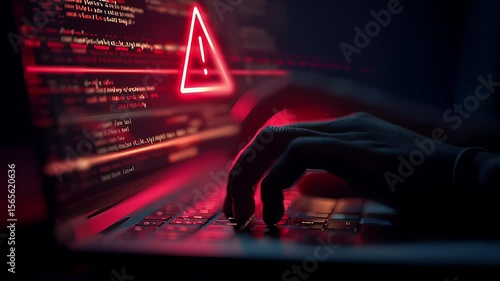 Hands typing on laptop in dark environment with red warning symbol and code lines on screen. Concept of cybersecurity threat, hacking and data breach alert
