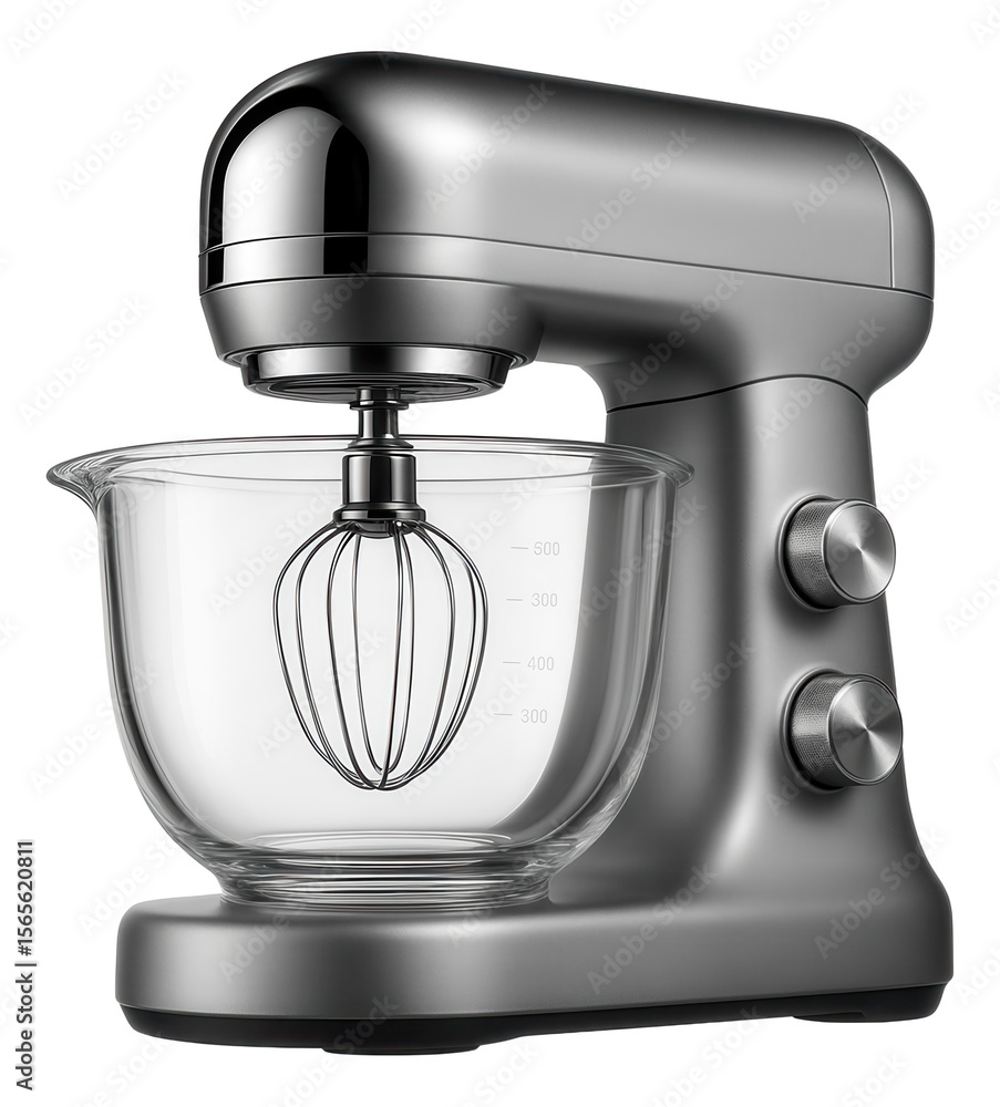 A stylish planetary mixer with a glass bowl, suitable for a modern home with an open-plan kitchen. A stylish planetary mixer with a glass bowl, suitable for a modern home with an open-plan kitchen.