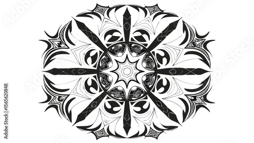 Intricate black and white geometric mandala design with radial symmetry