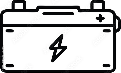 Car battery with lightning bolt icon, automotive energy source in simple line drawing