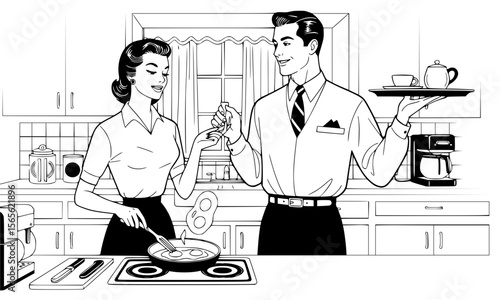 ,"1950s retro couple cooking together in the kitchen, woman wearing apron stirring pot, man smiling holding a spoon, black and white line art, vintage style generative ai