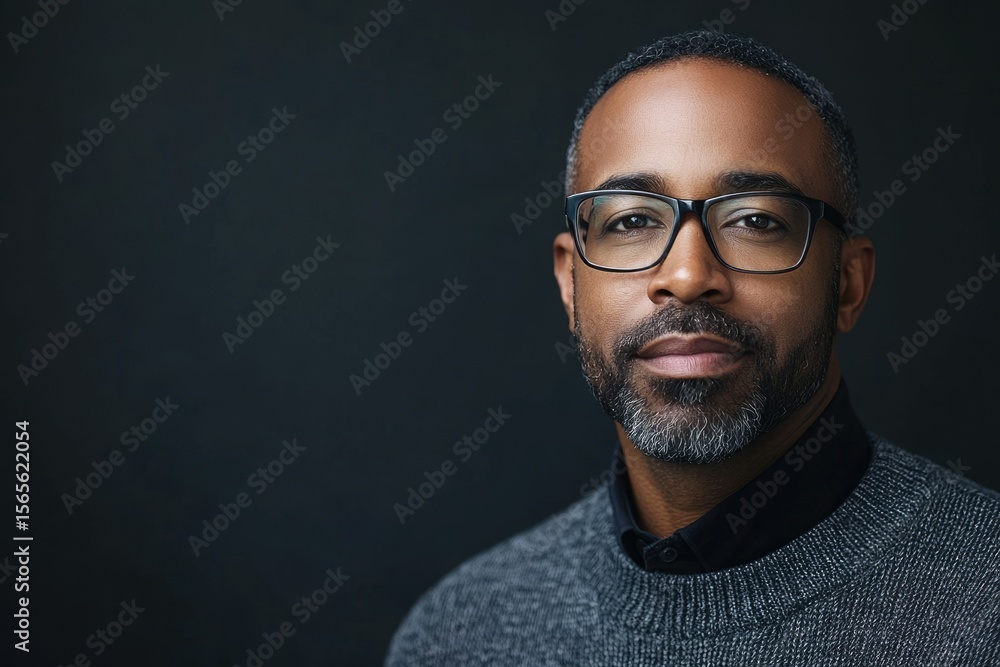 Obraz premium A confident middle-aged man with glasses, serious expression, dark background.