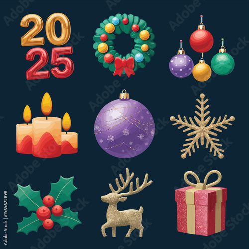 vector Happy New Year Celebrating 2025 in Latin letters , Christmas Decoration Items Santa Claus
