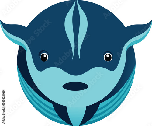 Stylized blue whale face with gentle expression and striped pattern silhouette .eps