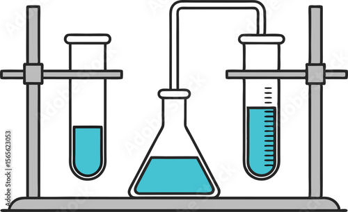 Scientific experiment setup with flasks, test tubes, and stands depicted vector illustration