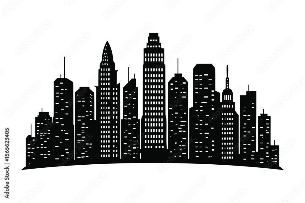Fototapeta premium Black silhouette of urban skyline with modern city buildings vector illustration on White background