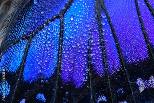 Extreme close up of a blue butterfly wing covered in tiny water droplets