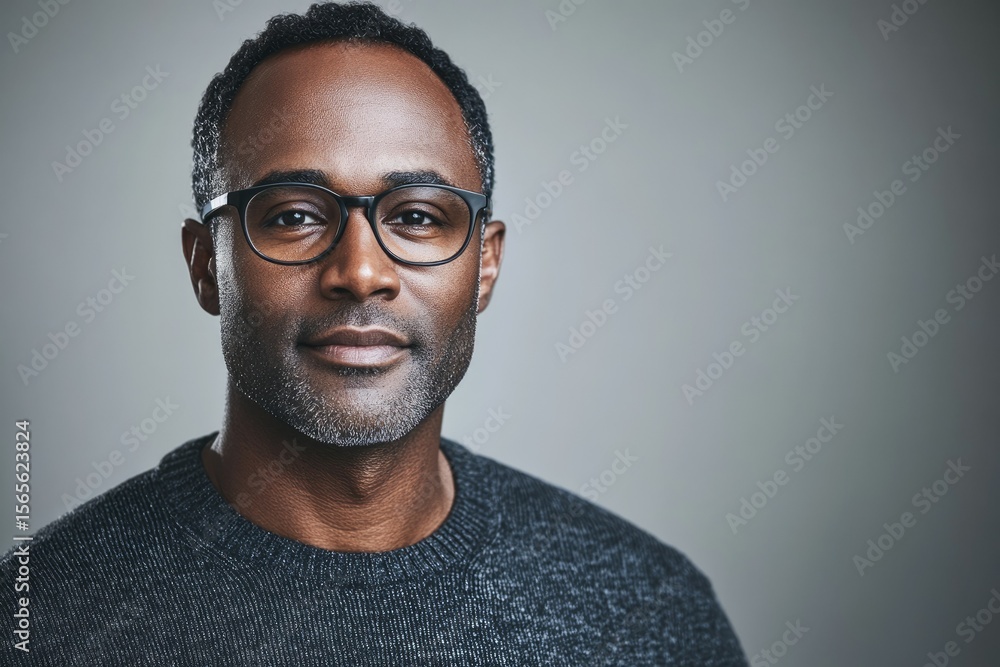 A confident middle-aged man with glasses, wearing a dark sweater against a gray background. A confident middle-aged man with glasses, wearing a dark sweater against a gray background.
