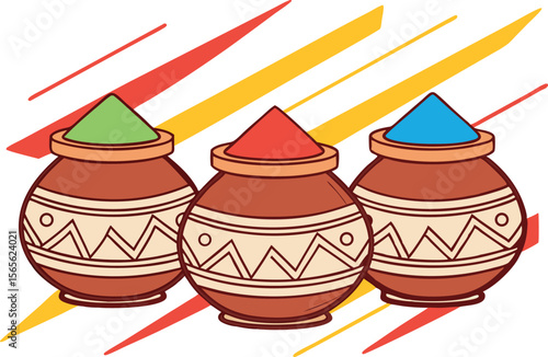Three colorful powder pots in a bright vector artwork

