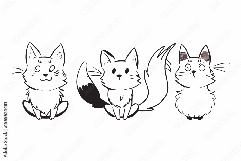 Fototapeta premium Maine Coon Cat Silhouettes – Set of Different Vector Pet Animal Illustrations, featuring fluffy tails and tufted ears