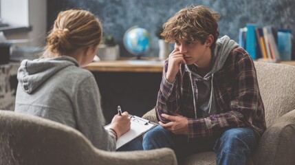 A psychology specialist explaining an action plan for recovery to a troubled teenage boy during an individual therapy session., no logos, no brands
