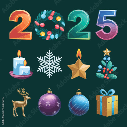 vector Happy New Year Celebrating 2025 in Latin letters , Christmas Decoration Items Santa Claus
