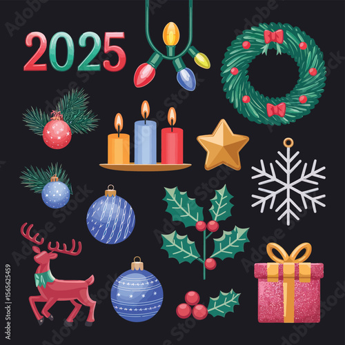 vector Happy New Year Celebrating 2025 in Latin letters , Christmas Decoration Items Santa Claus
