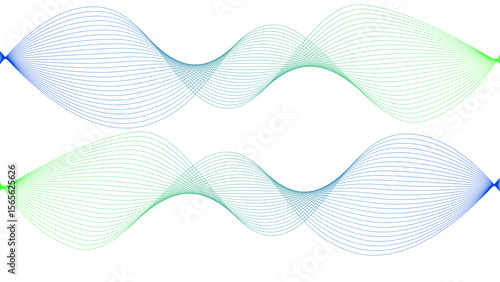 Vector curvy abstract line art wavy flowing dynamic colorful lines white background in concept music or sound, wave, wind, information flow	