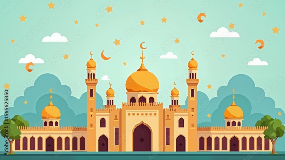 Fototapeta premium Eid Mubarak Celebration All kids kindergarten school Flat Design Eid Mubarak Celebration 