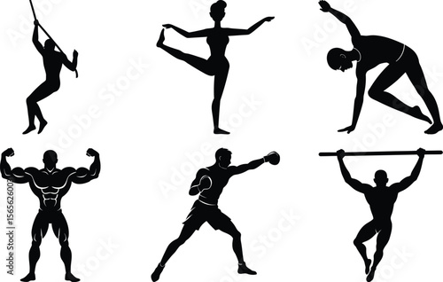 Vector art of silhouettes of people doing various exercises, isolated on transparent background